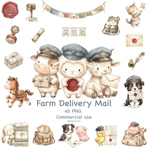 May include: Watercolor illustration of farm animals delivering mail. The image includes a cow, sheep, and lamb wearing postman hats, along with other animals, envelopes, stamps, and a mailbox. The text "Farm Delivery Mail" is displayed.