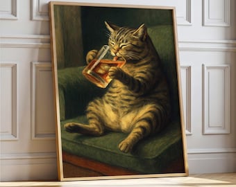 Moody Funny Cat Poster – Striped Cat with Whiskey Dark Humor Wall Art (Digital Download)