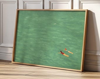 Swimming in Green Abstract Print | Retro Horizontal Wall Art | Minimalist Vintage Decor | Digital Download