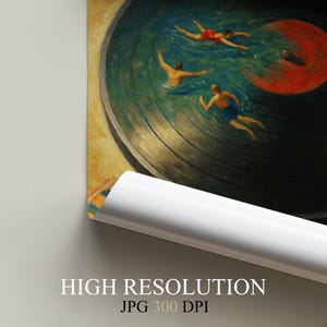 May include: An artistic print featuring swimmers in a pool shaped like a vinyl record. The artwork has a vintage aesthetic with a color palette of blues, oranges, and yellows. The text "HIGH RESOLUTION JPG 300 DPI" is visible at the bottom.