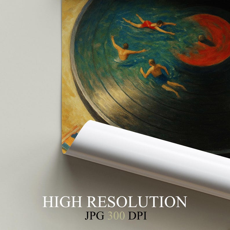 May include: An artistic print featuring swimmers in a pool shaped like a vinyl record. The artwork has a vintage aesthetic with a color palette of blues, oranges, and yellows. The text "HIGH RESOLUTION JPG 300 DPI" is visible at the bottom.