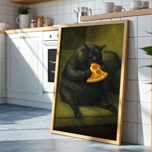 May include: Framed art print featuring a black cat enjoying a slice of pizza. The cat is depicted in a relaxed pose on a green sofa. The artwork has a warm, inviting color palette and a whimsical theme.
