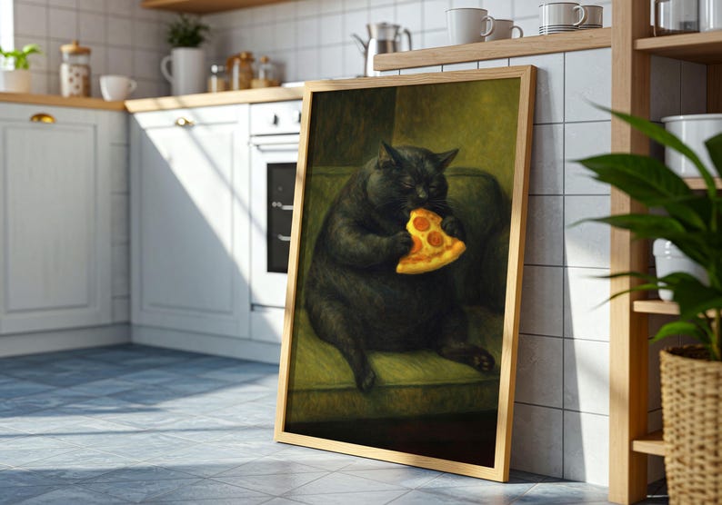 May include: Framed art print featuring a black cat enjoying a slice of pizza. The cat is depicted in a relaxed pose on a green sofa. The artwork has a warm, inviting color palette and a whimsical theme.