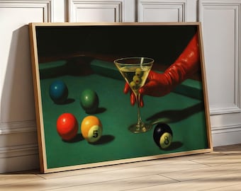 Póster de Martini de bar de mala muerte vintage / Arte retro de billar y cócteles / Impresión de la bola 8 de la suerte / Descarga digital