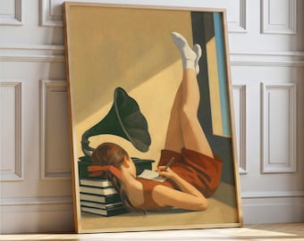 Cozy Reading Girl Art Print: Retro Minimalist Decor (Digital Download)