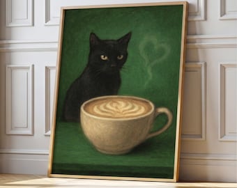 Funny Black Cat Art Print, Vintage Espresso Wall Art, Green Coffee Poster, Digital Download