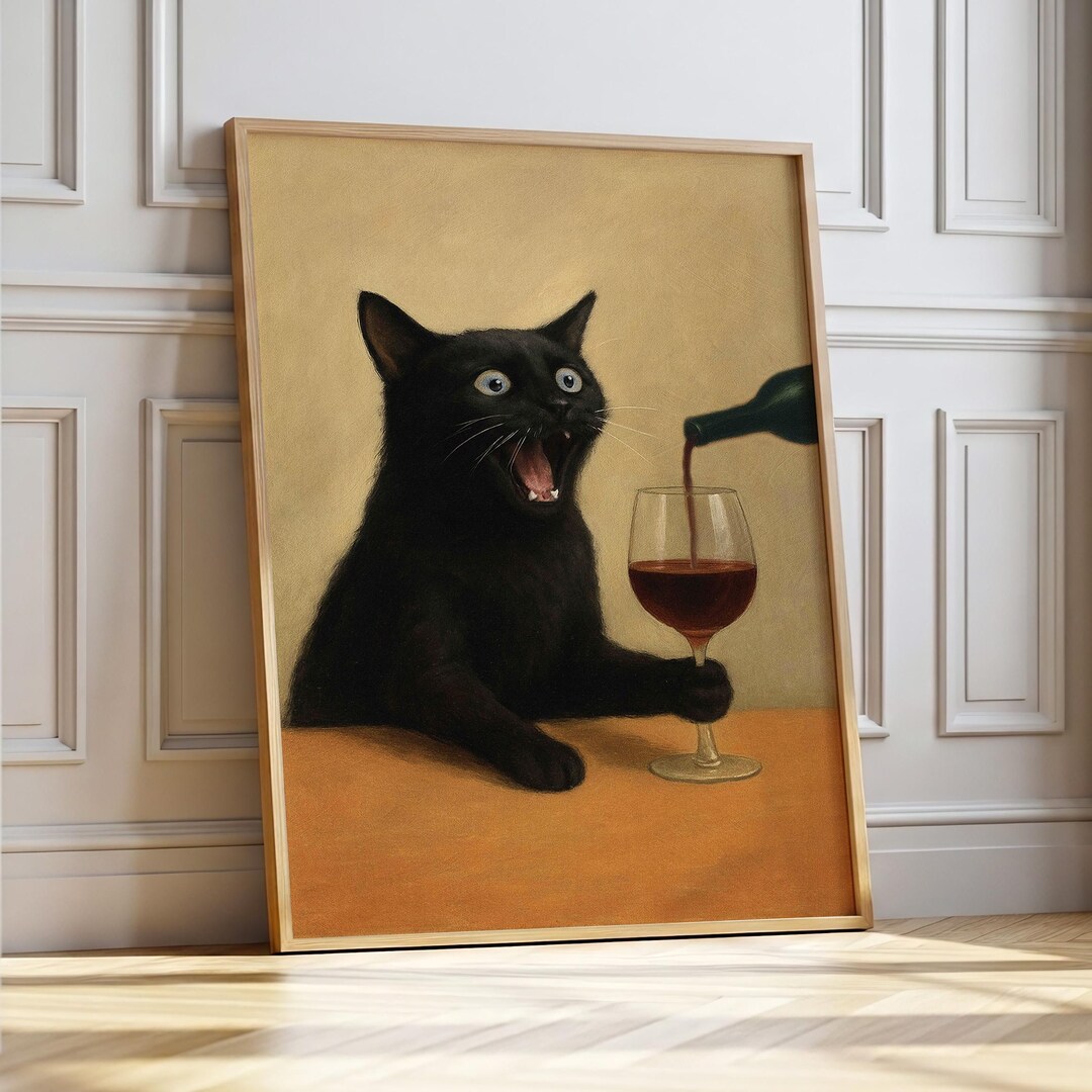 Funny Black Cat With Wine Glass: Moody Whimsical Wall Art Print ...