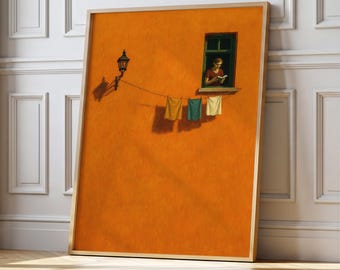 Woman Reading Art Print: Retro Orange Wall Decor (Digital Download)