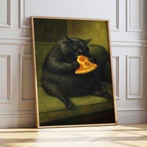 May include: A framed print featuring a black cat enjoying a slice of pizza. The cat is depicted sitting on a green sofa, with the pizza slice in its paws. The artwork has a warm, inviting color palette.