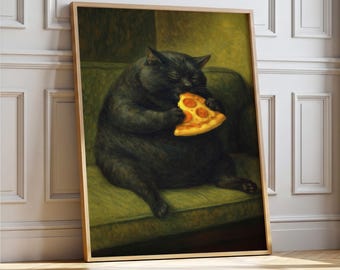 Black Cat Eating Pizza – Whimsical Funny Wall Art Print (Digital Download)