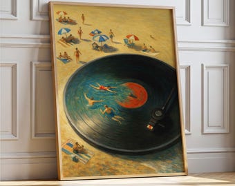 May include: A framed art print depicts a beach scene with a vinyl record design. The record's center is a red circle, with people swimming in the grooves. Beachgoers relax under umbrellas on the sand. The artwork is in a wooden frame.