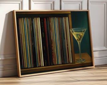 Martini & Vinyl Records Art Print: Retro Bar Lounge Decor (Digital Download)