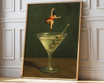 Playful Olive Girl Martini Print: Fun Bar Cart Art (Digital Download)