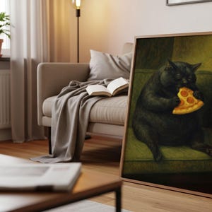 May include: A framed art print depicts a black cat enjoying a slice of pizza. The cat is seated on a green sofa, holding the pizza slice with its paws. The artwork has a warm, inviting color palette and is displayed in a living room setting.