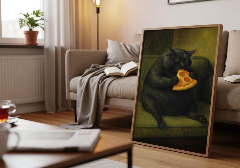 May include: A framed art print depicts a black cat enjoying a slice of pizza. The cat is seated on a green sofa, holding the pizza slice with its paws. The artwork has a warm, inviting color palette and is displayed in a living room setting.