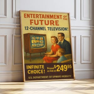 May include: A framed vintage advertisement for a 12-channel television. The poster features a family watching TV, with the text "ENTERTAINMENT OF THE FUTURE" and "INFINITE CHOICE!" in bold letters. The price is listed as $249.95.