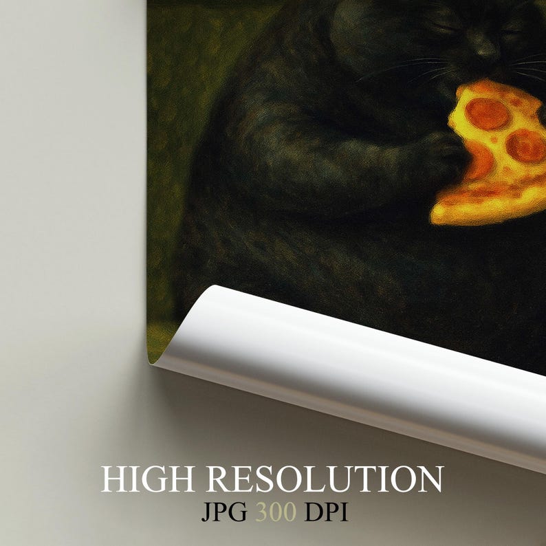 May include: A digital art print of a black cat eating a slice of pizza. The cat is depicted with closed eyes, enjoying the pizza. The print has the words "HIGH RESOLUTION" and "JPG 300 DPI" at the bottom.
