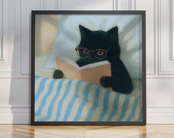 Black Cat Reading Book Print, poster gezellige gestreepte blauwe slaapkamer, illustratie digitale download