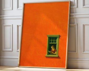 Frau liest Kunstdruck: Orange Wandbild, Fensterbild (Digitaler Download)