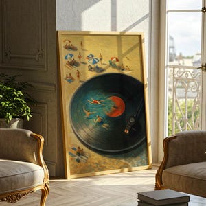 May include: A framed art print depicts a beach scene with a vinyl record design. The artwork features people swimming in the water and sunbathing on the sand. The frame is a light wood color, and the overall aesthetic is vintage.