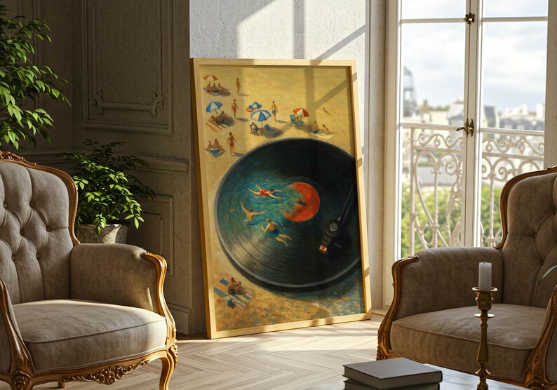 May include: A framed art print depicts a beach scene with a vinyl record design. The artwork features people swimming in the water and sunbathing on the sand. The frame is a light wood color, and the overall aesthetic is vintage.