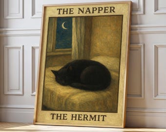 Svart katt tarotkorttryck, eremiten, drömsk väggkonst (digital nedladdning)