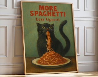 Hungry Black Cat Spaghetti Print, Humorous Poster, Funny Wall Art for Kitchen, Digital Download