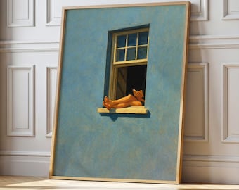 Blauwe raam vrouw benen Art Print: minimalistisch interieur (digitale download)