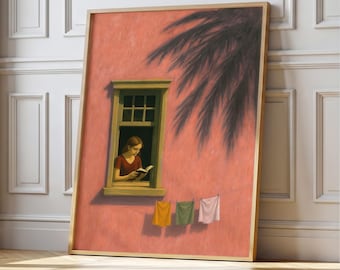 Woman Reading Art Print: Minimalist Retro Window View (Digital Download)