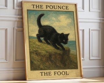 Póster vintage imprimible de Tarot del Gato Negro, Carta del Loco, descarga digital.