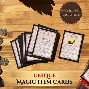May include: A set of unique magic item cards for D&D 5E / 5.5 E, with illustrations and descriptions. The cards have black borders and detailed artwork, including "Silan's Lenses" and "Sacred Harmony". The cards are arranged on a wooden surface.
