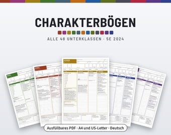 DnD Charakterbögen 2024 | Alle 48 Unterklassen, ausfüllbares PDF | Farbe und Schwarz-Weiß, A4 und US-Letter, 5E (Regeln 2024), auf Deutsch