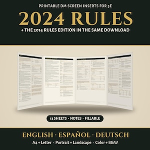May include: Printable DM screen inserts for 5E featuring 2024 rules and the 2014 rules edition. The set includes 13 sheets that are fillable and include notes. The text indicates availability in English, Español, and Deutsch in A4 and Letter sizes.