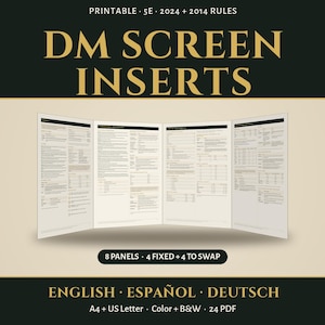 DM Screen Inserts for DnD 5e, 2024 + 2014 Rules, Printable PDF, A4 + Letter, Color + B&W, English Spanish German, Dungeon Master Reference