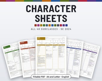 DnD Character Sheets 2024 | All 48 Subclasses, Fillable PDF | Color and Black and White, A4 and Letter, 5e (2024 Rules), English