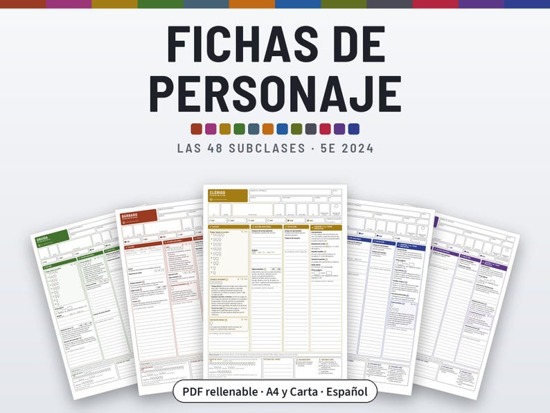 Fichas de Personaje DnD 2024 | Las 48 subclases, PDF rellenable | Color y blanco y negro, A4 y Carta, 5E (reglas de 2024), en español image 1
