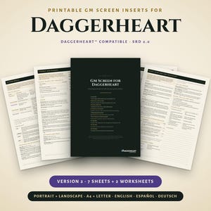 May include: Printable GM screen inserts for Daggerheart, featuring a central black sheet with white text and surrounding cream-colored reference sheets. The text includes 'Printable GM Screen Inserts for Daggerheart', 'Version 2', and '7 Sheets + 2 Worksheets'.