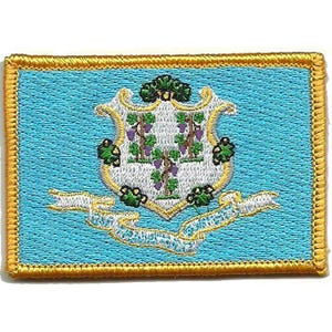 Pode incluir: Um emblema bordado retangular com o design da bandeira do estado de Connecticut. O emblema tem um fundo azul claro com um escudo branco central exibindo três videiras com uvas roxas, contornado por uma borda espessa costurada em amarelo dourado.