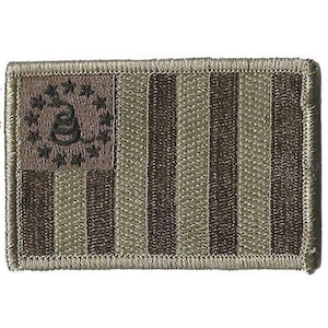 May include: A rectangular embroidered patch featuring a Gadsden flag design in a monochromatic tan and dark brown color scheme. The patch displays a coiled snake surrounded by thirteen stars in the canton, with alternating vertical stripes.