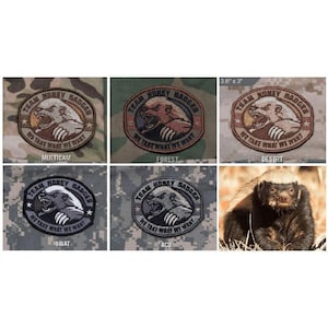 May include: A collection of embroidered patches featuring a honey badger design. The patches are in various camouflage patterns, including Multicam, Forest, Desert, SWAT, and ACU. Each patch has the text "TEAM HONEY BADGER" and "WE TAKE WHAT WE WANT". The patches measure 3.6" x 3".