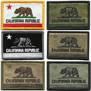May include: A collection of embroidered patches featuring the California Republic flag design. The patches showcase a brown bear, a red star, and the words "CALIFORNIA REPUBLIC" in various color schemes, including black, green, and tan.