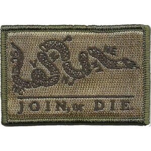 May include: A rectangular olive green embroidered patch featuring a dark brown segmented snake graphic above a horizontal line and the text JOIN or DIE. The patch has a thick stitched border in a matching olive green thread colour throughout.