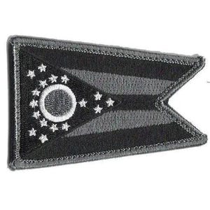 May include: A swallowtail flag patch featuring a black and grey striped design. A black triangular field on the left contains a white circular emblem surrounded by seventeen small white embroidered stars, mimicking the Ohio state flag design.
