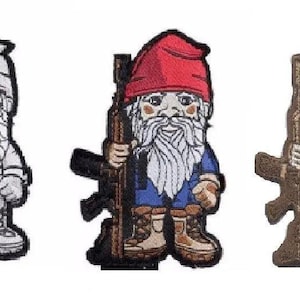 May include: Three embroidered patches featuring gnomes holding rifles. The gnomes have long white beards and are wearing hats and boots. One gnome is in grayscale, one has a red hat and blue shirt, and the third has a green hat and outfit.