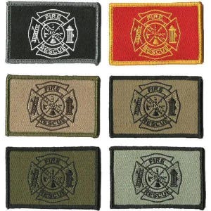 May include: A collection of rectangular embroidered patches featuring the Fire Rescue emblem. The patches are in various colors, including black, red, tan, and green. Each patch displays the emblem with the words "FIRE" and "RESCUE".
