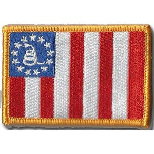 May include: A rectangular embroidered patch featuring a blue canton with a white coiled snake surrounded by thirteen white stars, alongside red and white vertical stripes. The entire design is bordered by a thick, golden-yellow stitched edge.