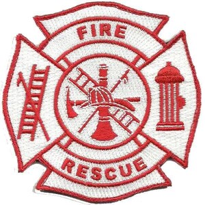 May include: A white and red embroidered patch in the shape of a Maltese cross. The text FIRE is at the top and RESCUE is at the bottom. The center features a fire helmet, ladder, and nozzle. A ladder is on the left and a fire hydrant is on the right.