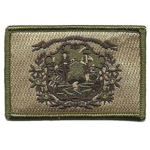 Può includere: Una toppa rettangolare ricamata nei toniamata in tonalità verde oliva e beige. Il centro presenta un dettagliato emblema circolare che raffigura due figure in piedi in un paesaggio, circondato da un bordo decorativo e uno stendardo in alto, tutto cucito.