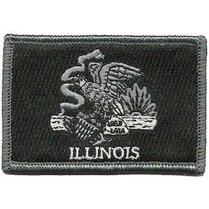 Op de afbeelding: Een rechthoekige zwarte geborduurde patch met een grijs gestikt ontwerp van een adelaar op een rots met een slang in de snavel, tegen een opkomende zon. Het woord ILLINOIS is onderaan in grijze hoofdletters geborduurd.