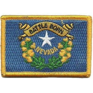 Pode incluir: Um emblema retangular bordado com o design da bandeira do estado de Nevada. O emblema tem um fundo azul com uma borda amarela, uma estrela branca, uma fita amarela com o texto BATTLE BORN e uma coroa de artemísia verde e amarela.